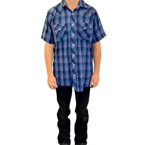 Mens  Size XL Blue Plaid Vintage Western Pearl Snap Short Sleeve Retro Cowboy